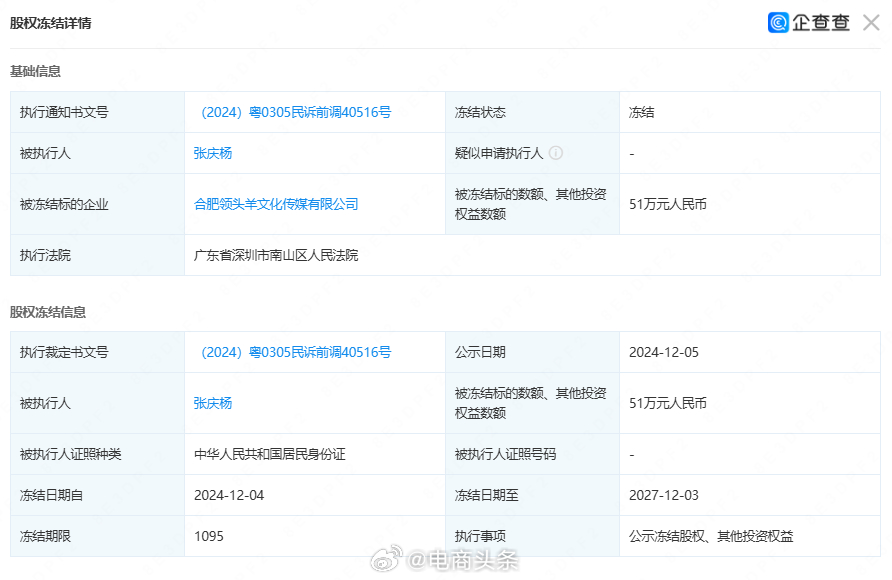 小杨哥所持51万元股权遭遇冻结风波_解答解释落实